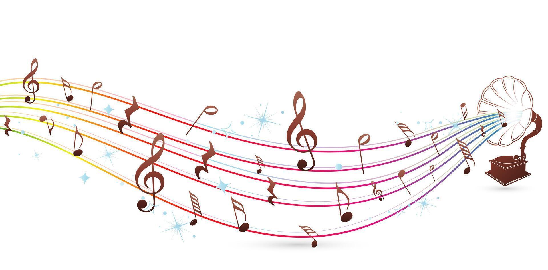 abstract music notes sound waves with gramophone isolated white backgrounds for flyer, banner, poster company, header website, covers, presentation slide, template with space for texts, business cards vector