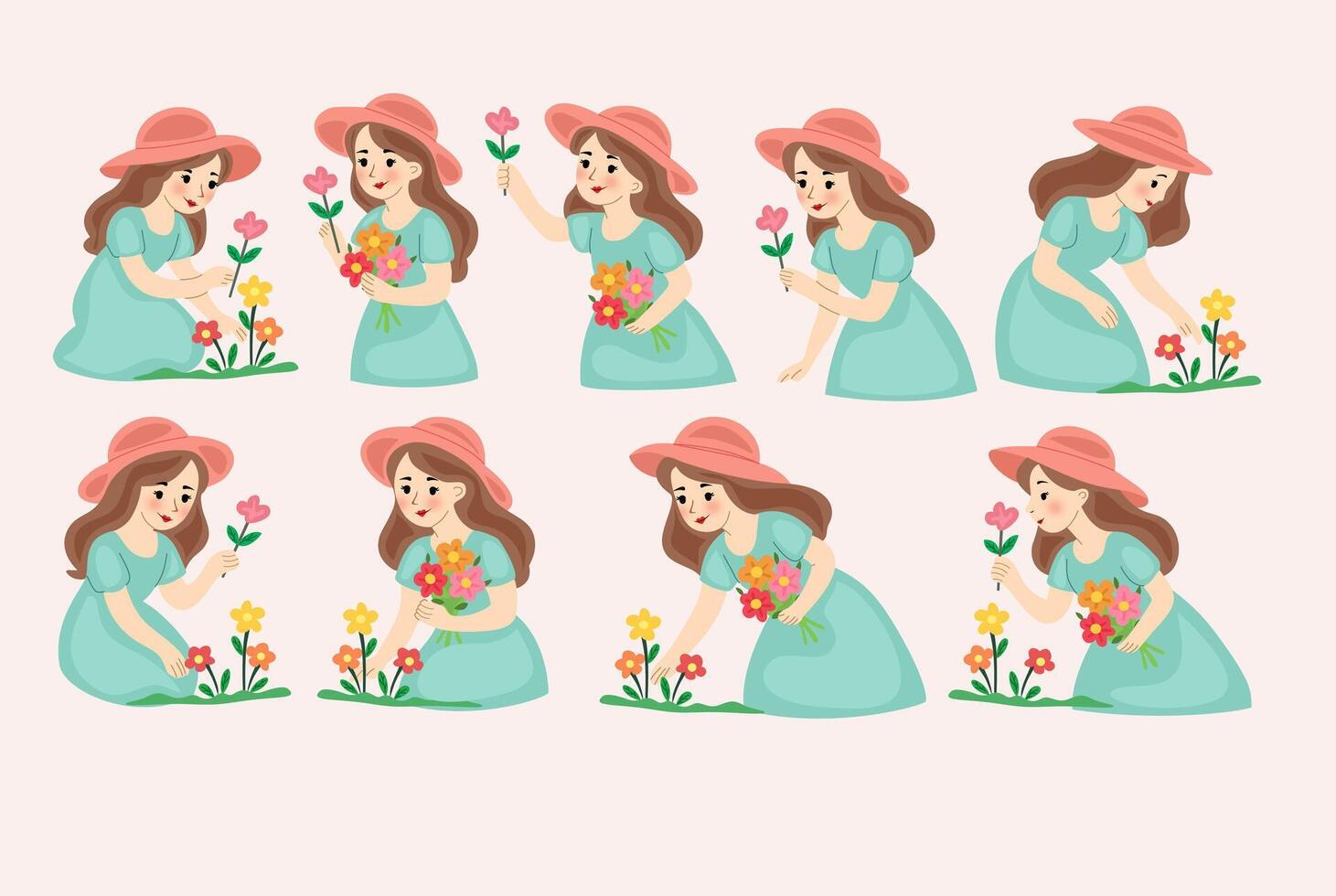 a girl picking flowers in the garden vector
