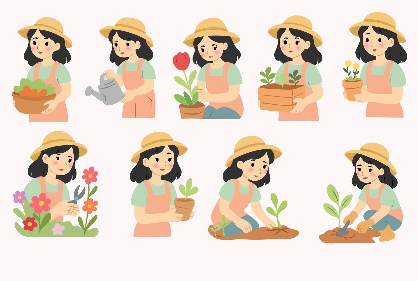 A girl is planting flowers vector