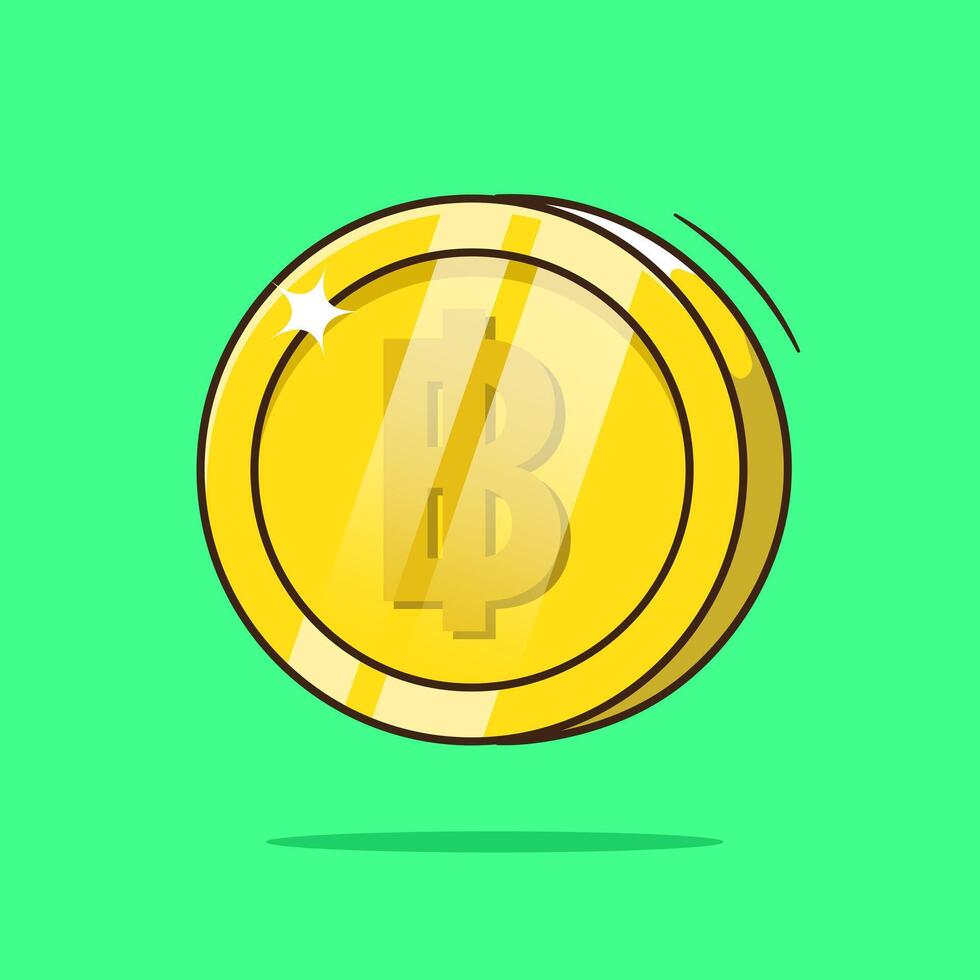 Baht gold coin treasure isolated on green background. Cute thailand currency symbol on golden coin with simple concept vector