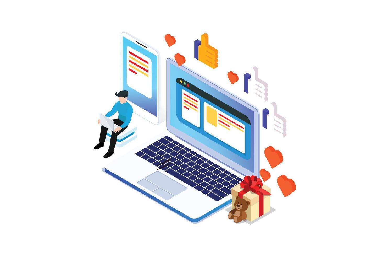Social media concept with characters. Flat isometric illustration isolated on white background. vector