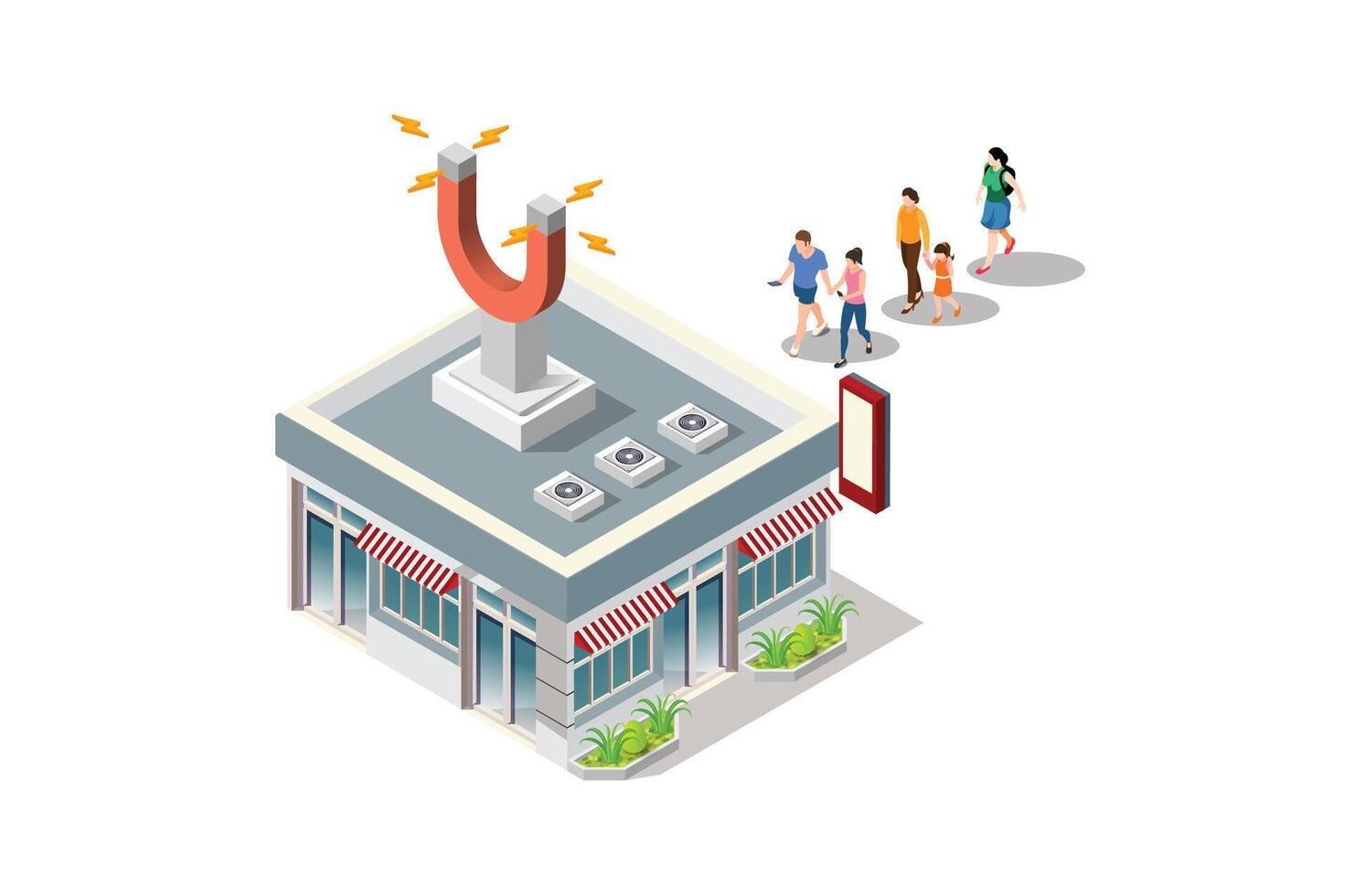 Isometric Customer retention concept. Hand with magnet has appeared from the store building attracting people from everywhere vector