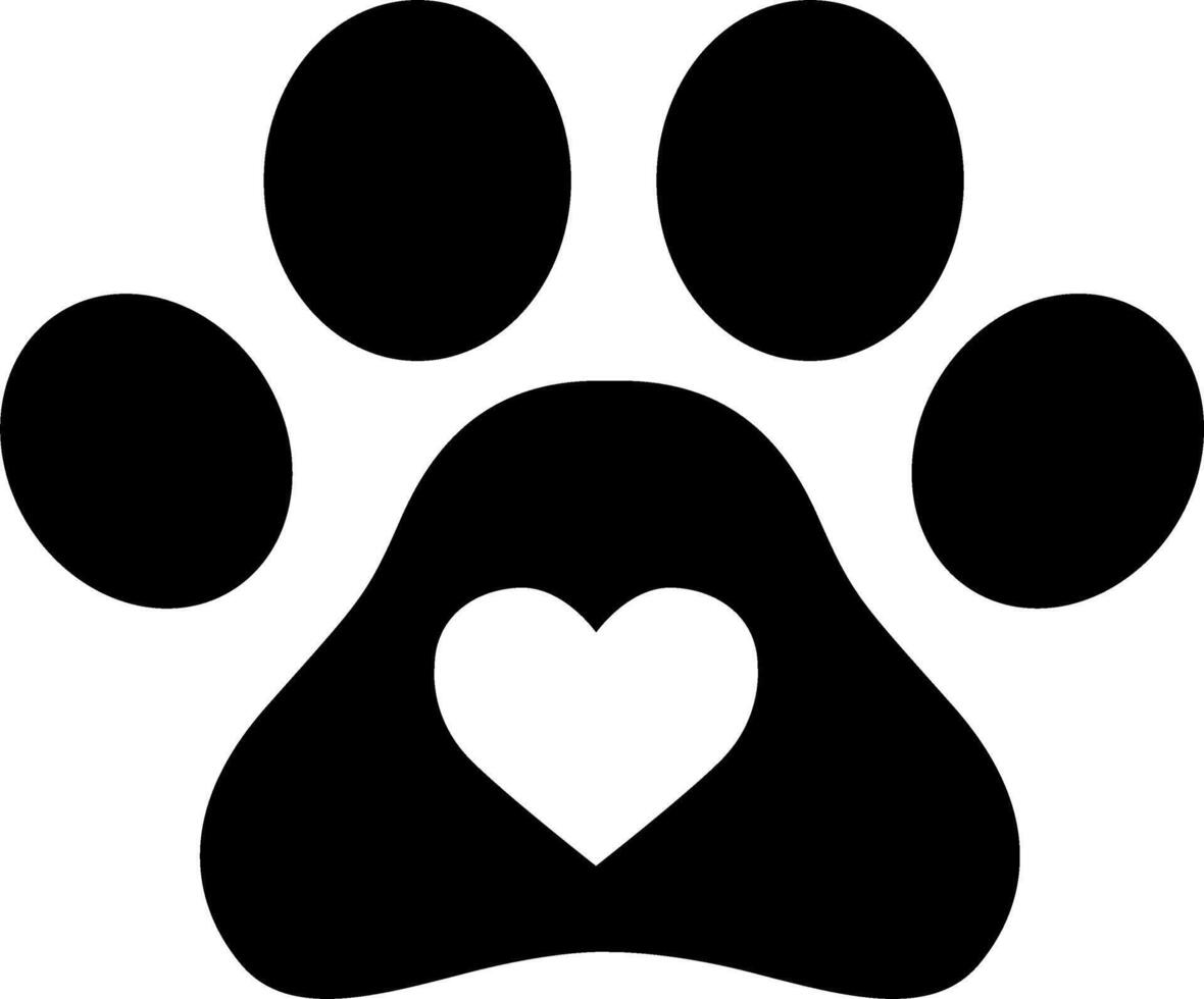 A black and white paw print with a heart vector