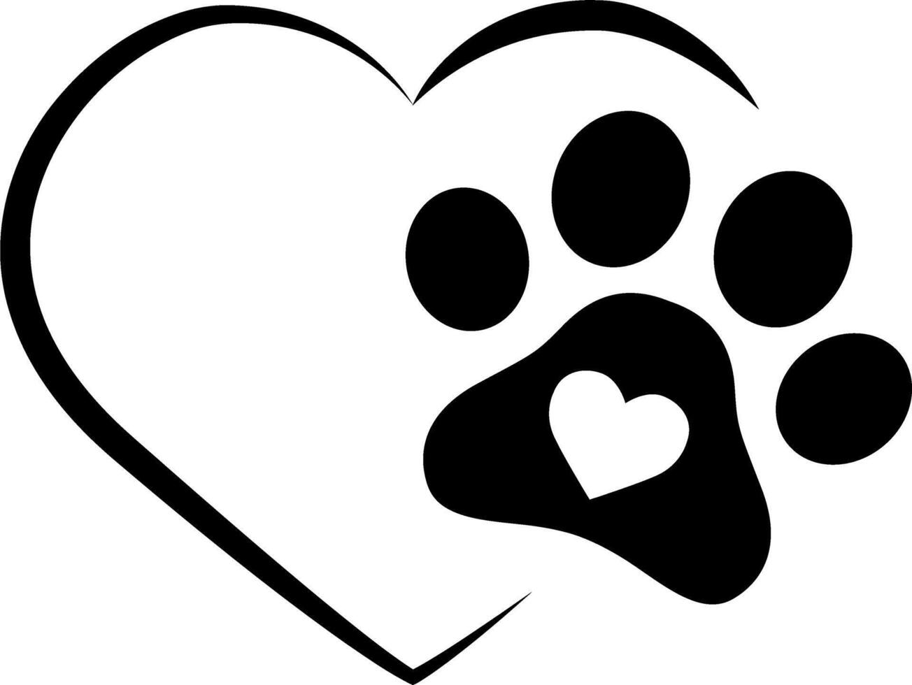 A black and white dog paw and heart vector