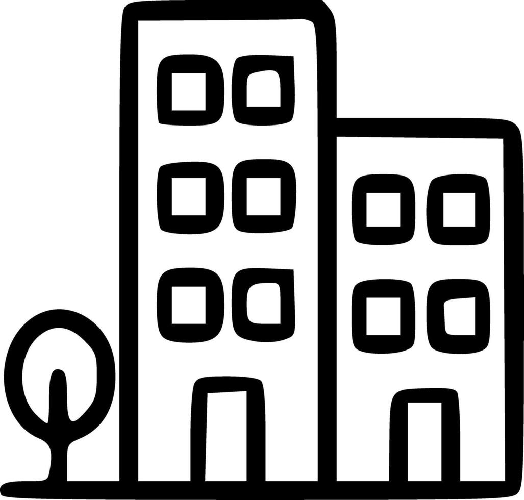 Outline Handdrawn Buildings and Tree Modern Icon Illustration vector