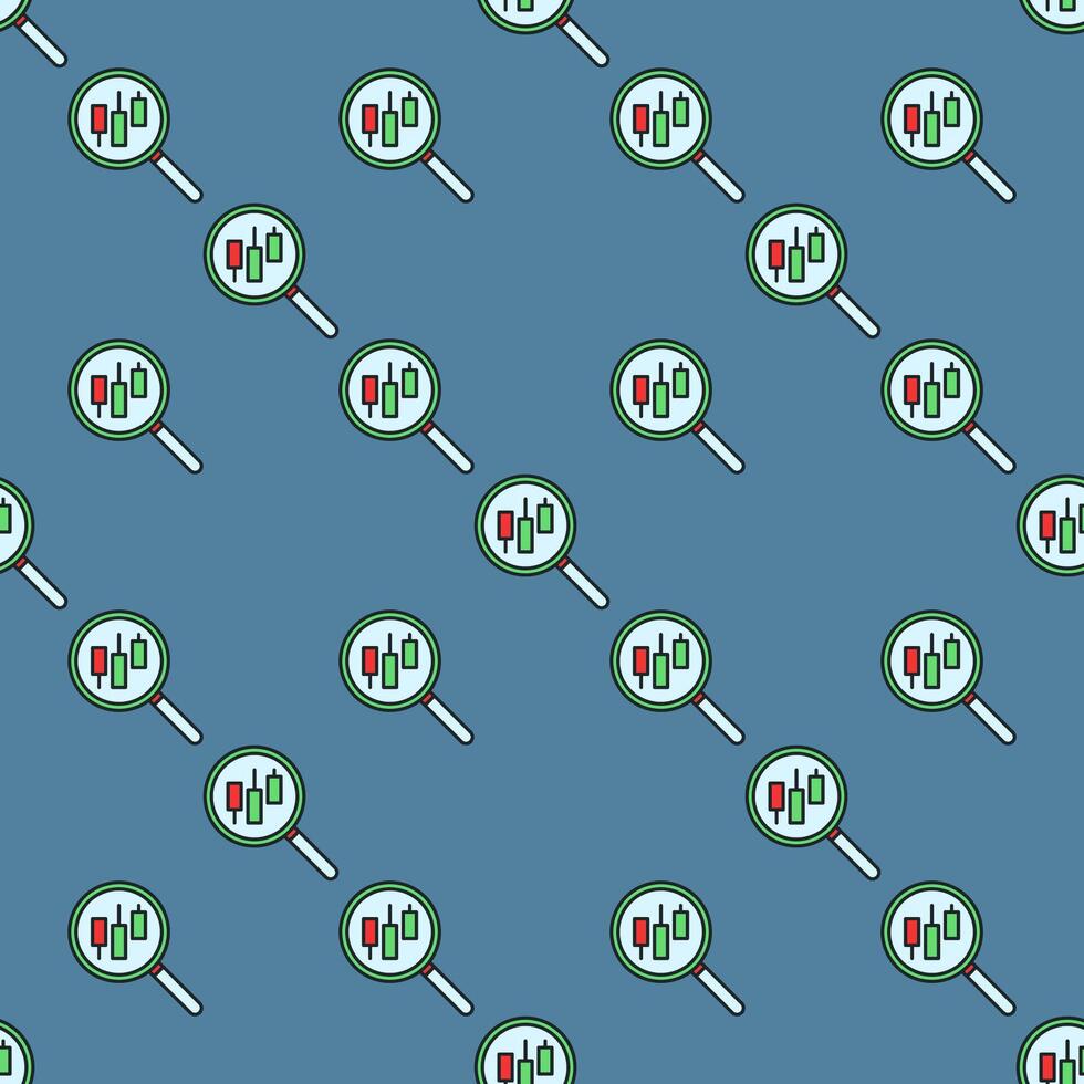 Magnifying Glass with candlestick pattern searching colored seamless pattern vector