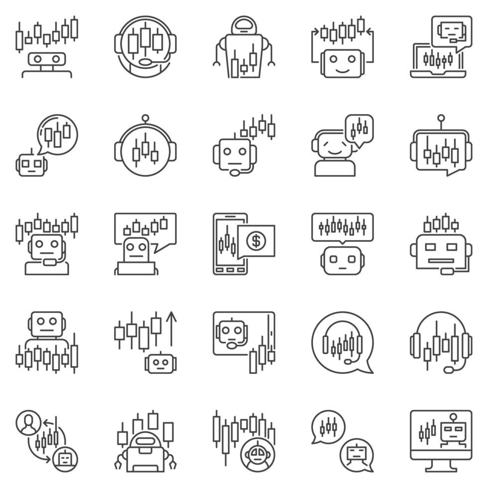 comercio bots contorno íconos conjunto - algorítmico comercio robots y ai bots concepto señales vector