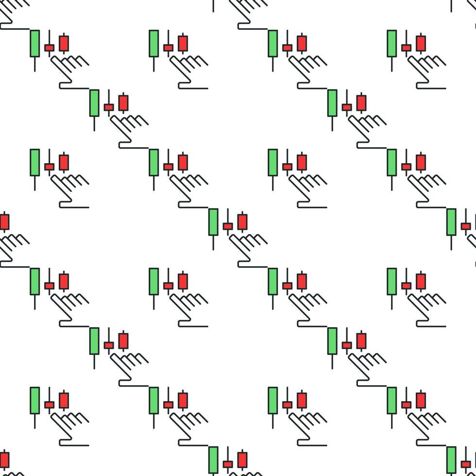 Candlestick chart and human hand electronic trading colored seamless pattern vector