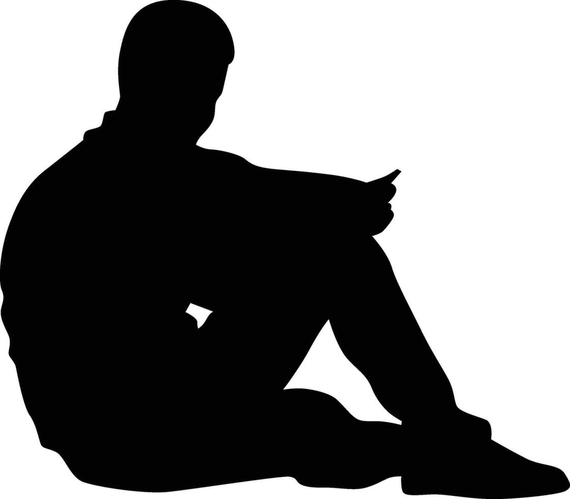 Young man sit down reading book pose silhouette vector