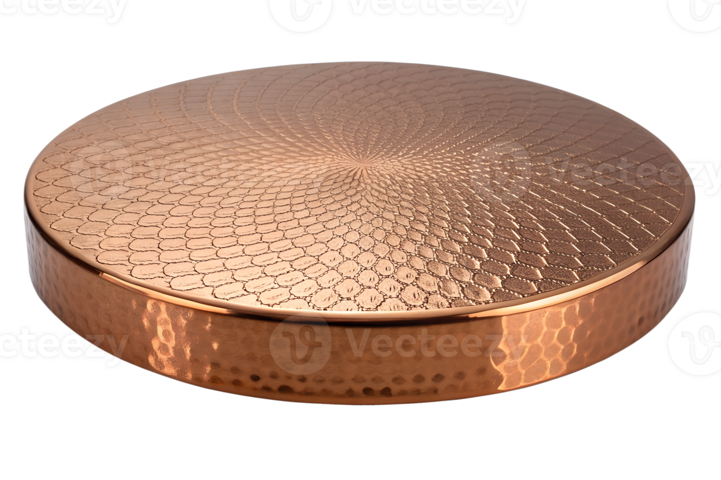 A round platform made from polished Copper with a textured surface, isolated on a transparent background png