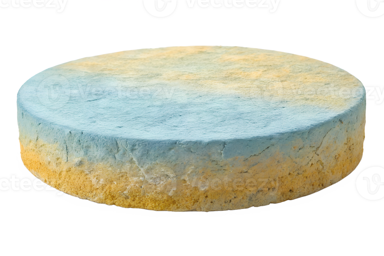 A natural round platform made from textured limestone, with earthy blue and yellow tones, isolated on a transparent background png