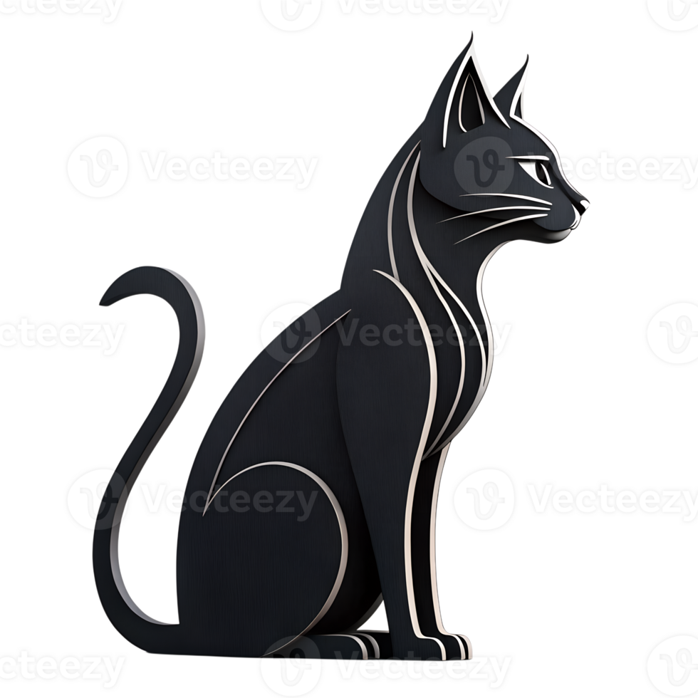 Illustration of A black cat with white lines sitting in profile, looking to the right, with a curled tail, on a transparent background png