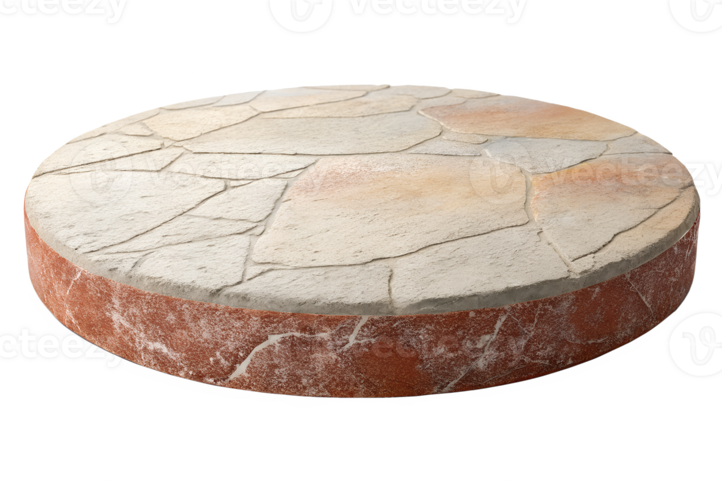 A natural round platform made from textured limestone, with earthy Red and gray tones, isolated on a transparent background png