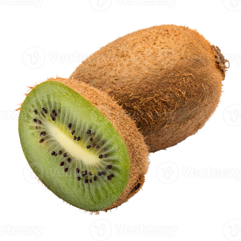 A whole kiwi and a half kiwi with green pulp and black seeds on a transparent background png