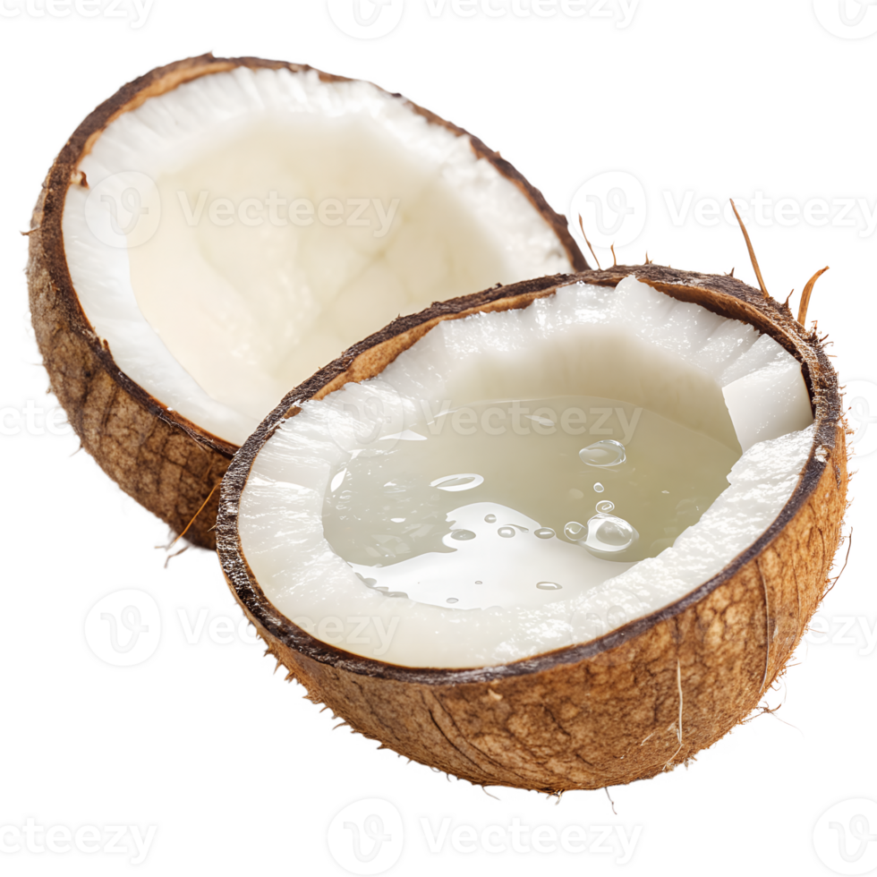 A fresh coconut split in half with visible water inside., isolated on a transparent background png