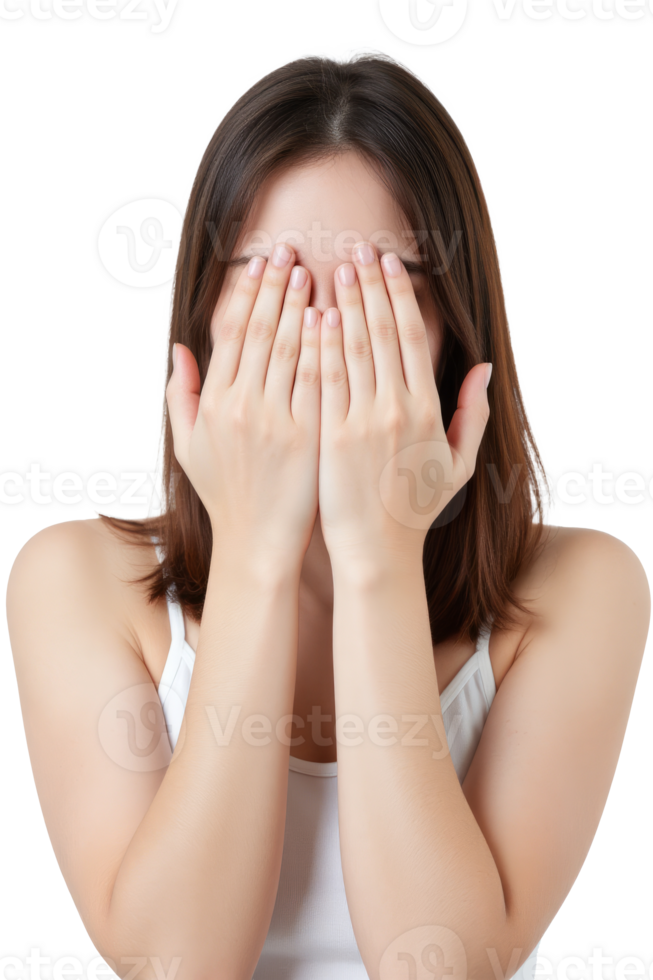 An asian girl, age 22, with brown hair covering her face with her hands, wearing a white tank top, isolated on a transparent background png