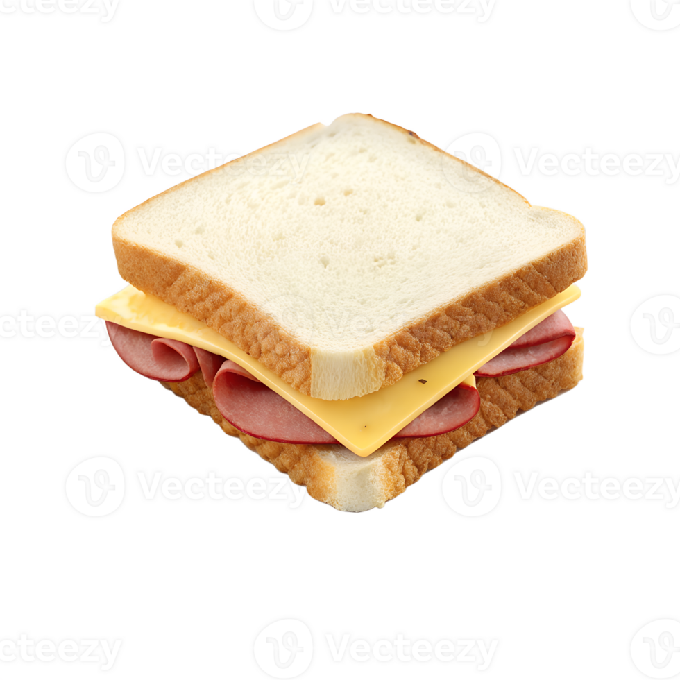A ham and cheese sandwich with two slices of white bread, two slices of cheese and three slices of ham, on a transparent background png