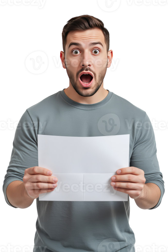 A man with a surprised look, holding an open letter or envelope. isolated on a transparent background png