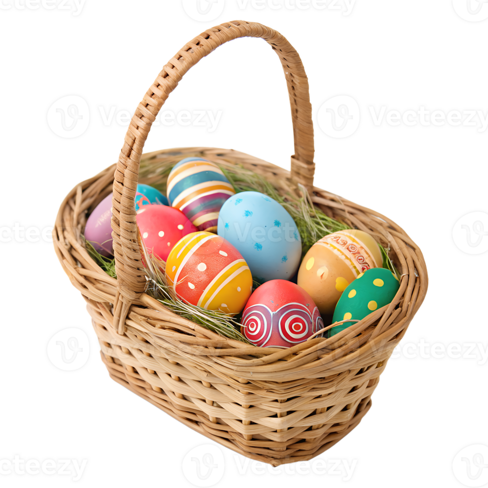A small Easter basket filled with painted eggs. isolated on a transparent background png