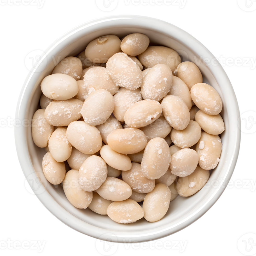 Top view, Yukimuro Mame, snow-stored beans In a white ceramic bowl, isolated on a transparent background png