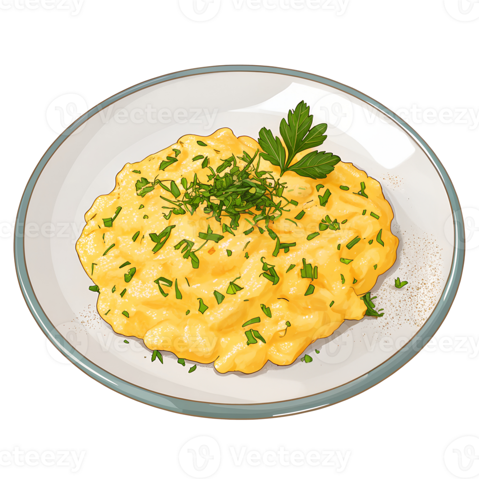 Illustration of A plate of fluffy scrambled eggs with herbs sprinkled on top, isolated on a transparent background png