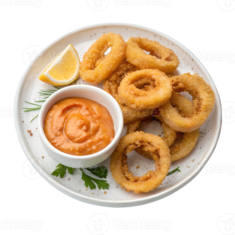 Top view of Ojingeo Twigim golden and crispy with gochujang mayo. isolated on a transparent background. png