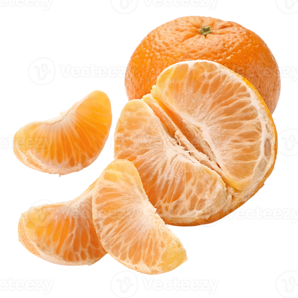 A peeled orange with a few segments placed nearby. isolated on transparent background png