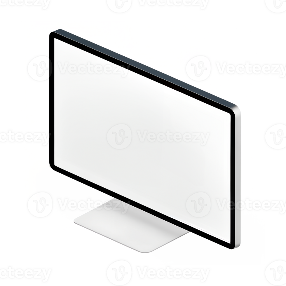 A modern computer screen with a white screen and a silver stand, isolated on a transparent background minimalist design, sleek and professional png