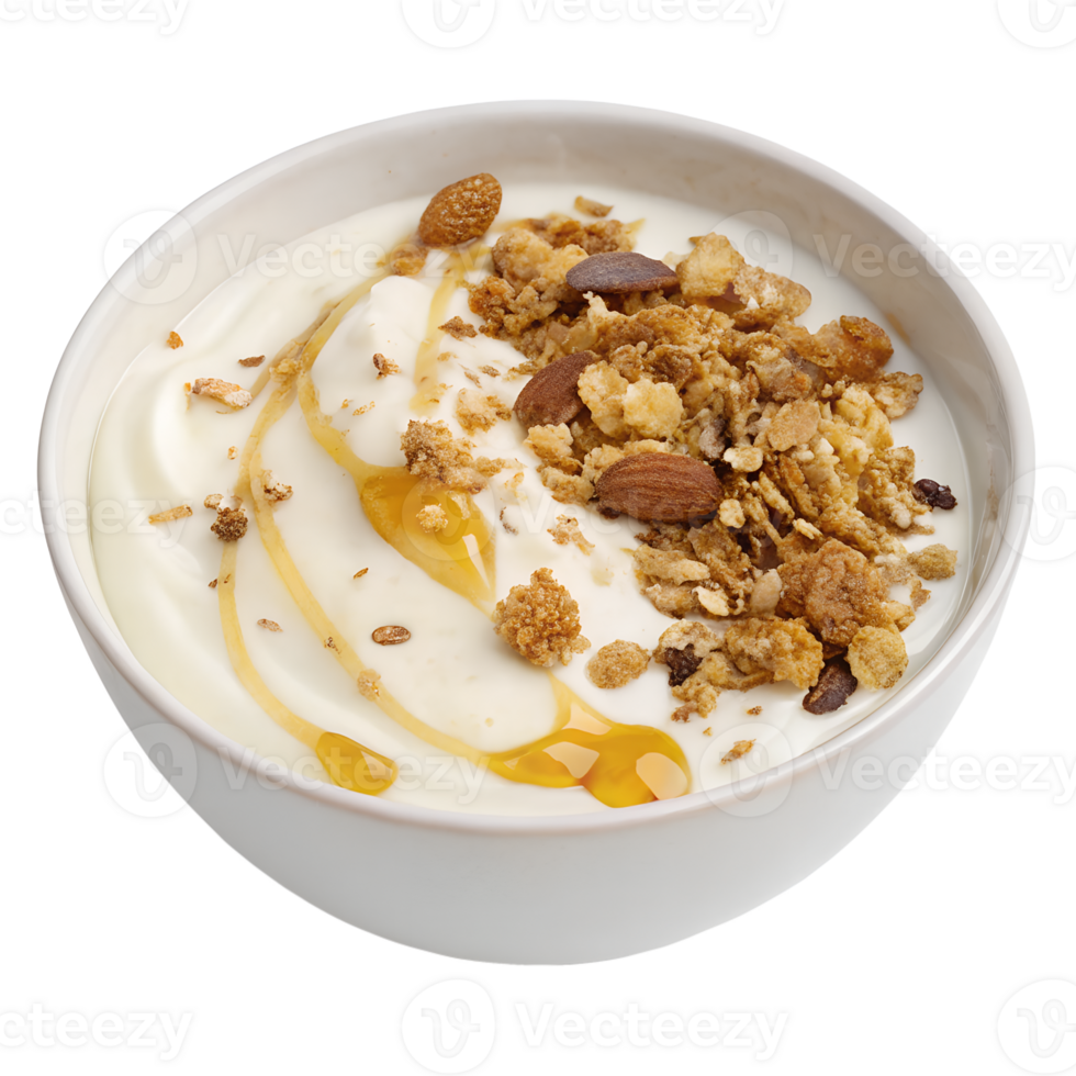 A bowl of creamy yogurt topped with granola and honey drizzle. isolated on transparent background png