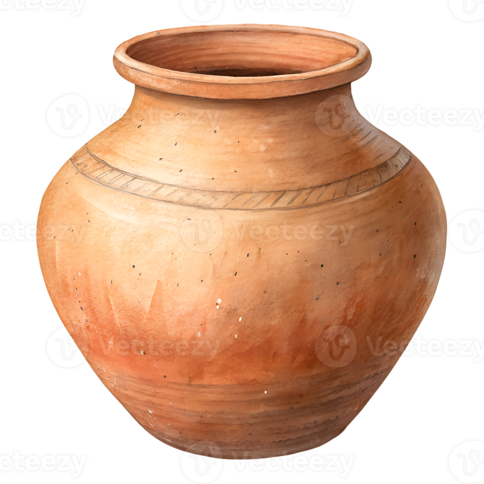 Illustration of Rustic handmade terracotta vase with uneven edges, isolated on a transparent background png