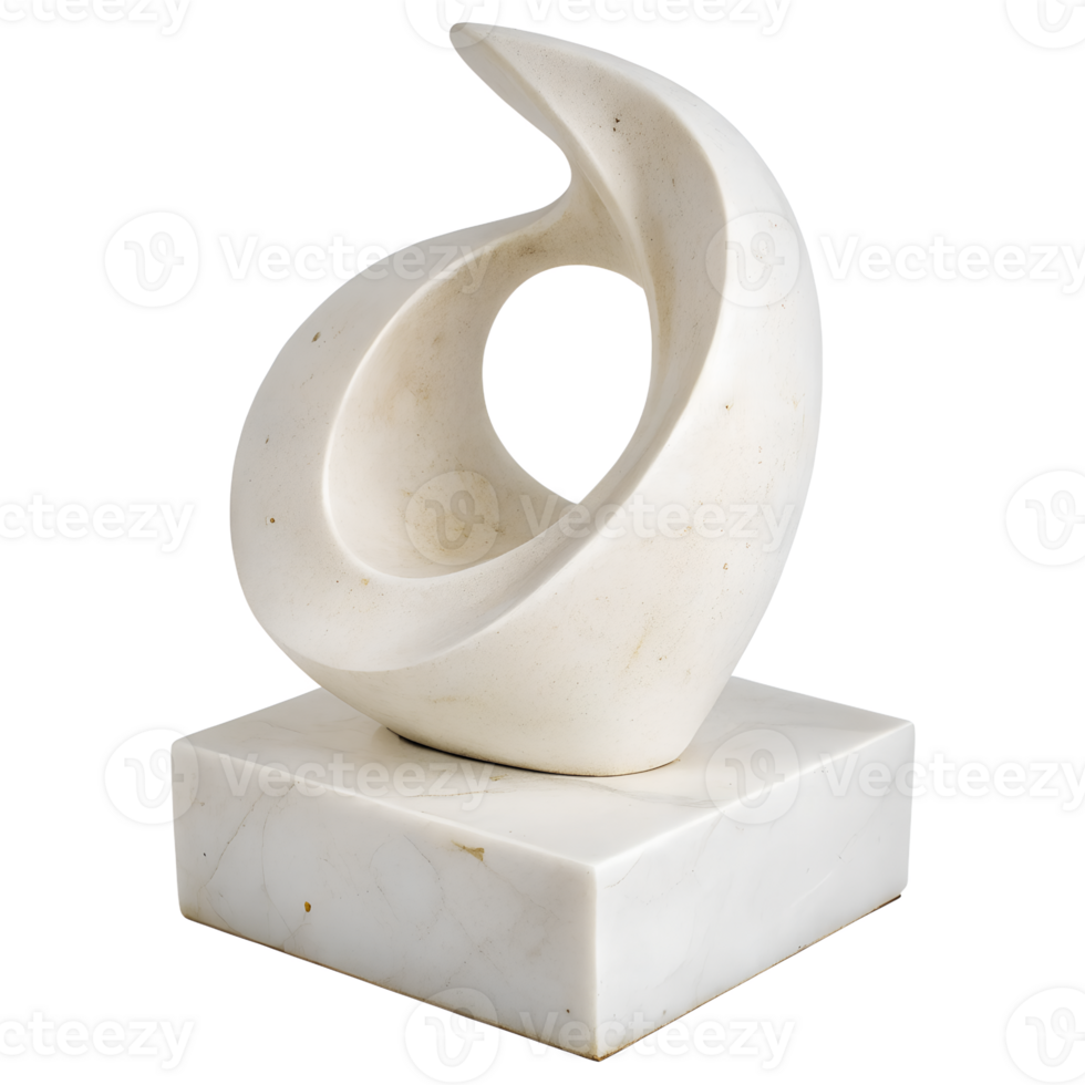 White abstract sculpture on a square base, smooth matte finish, flowing organic shape, minimalist design, isolated on a transparent background png