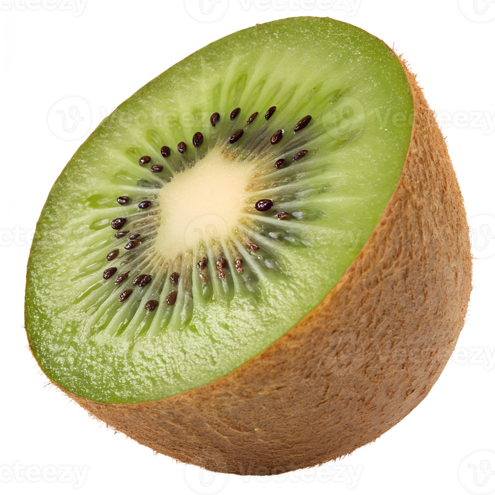 A single kiwi fruit sliced in half, showing the vibrant green interior., isolated on a transparent background png