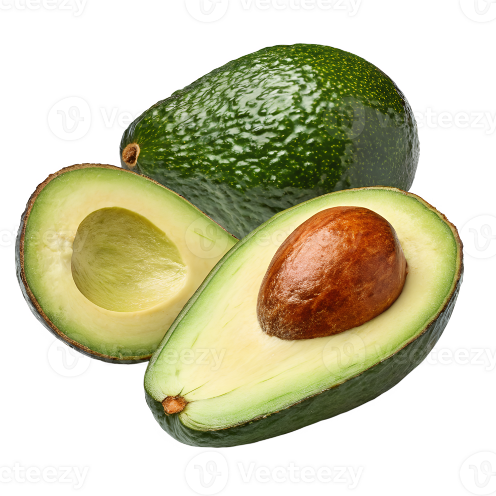 A whole avocado and one halved, showing the seed and vibrant flesh., isolated on a transparent background png