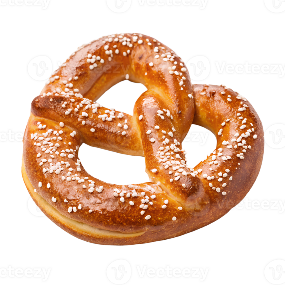 A traditional golden-brown pretzel with a glossy surface and coarse salt, isolated on a transparent background png