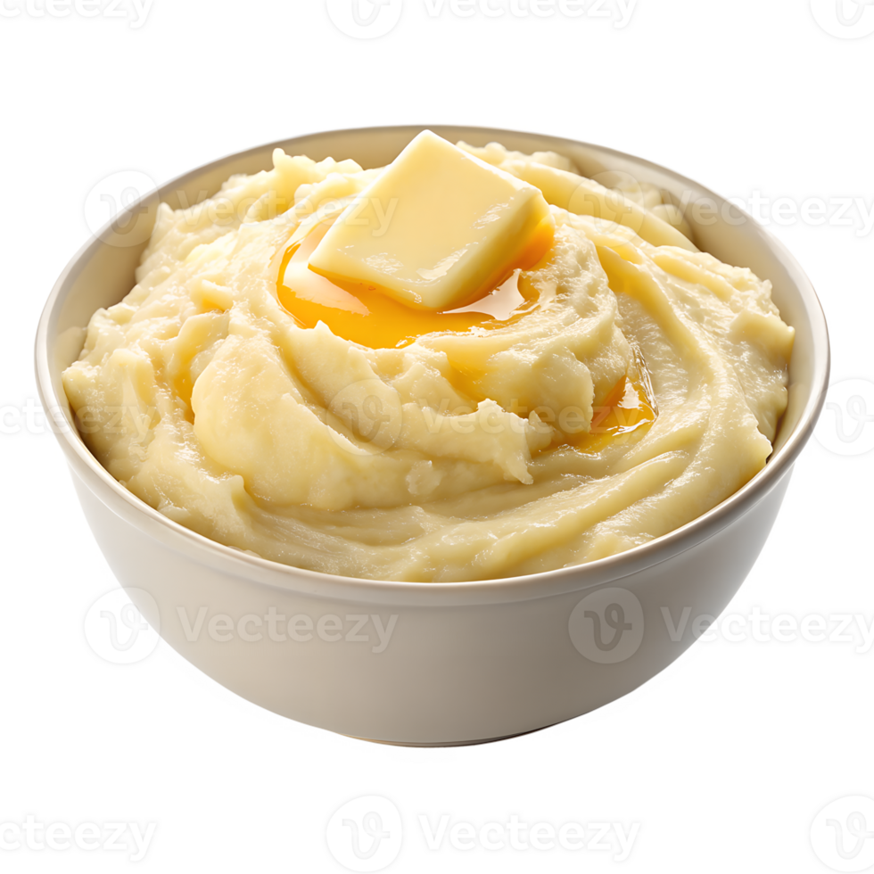A bowl of creamy mashed potatoes with a pat of butter melting on top. isolated on a transparent background png