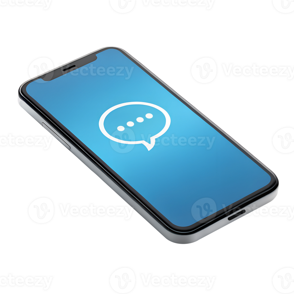 A smartphone with a blue screen displaying a white speech bubble icon, isolated on a transparent background png