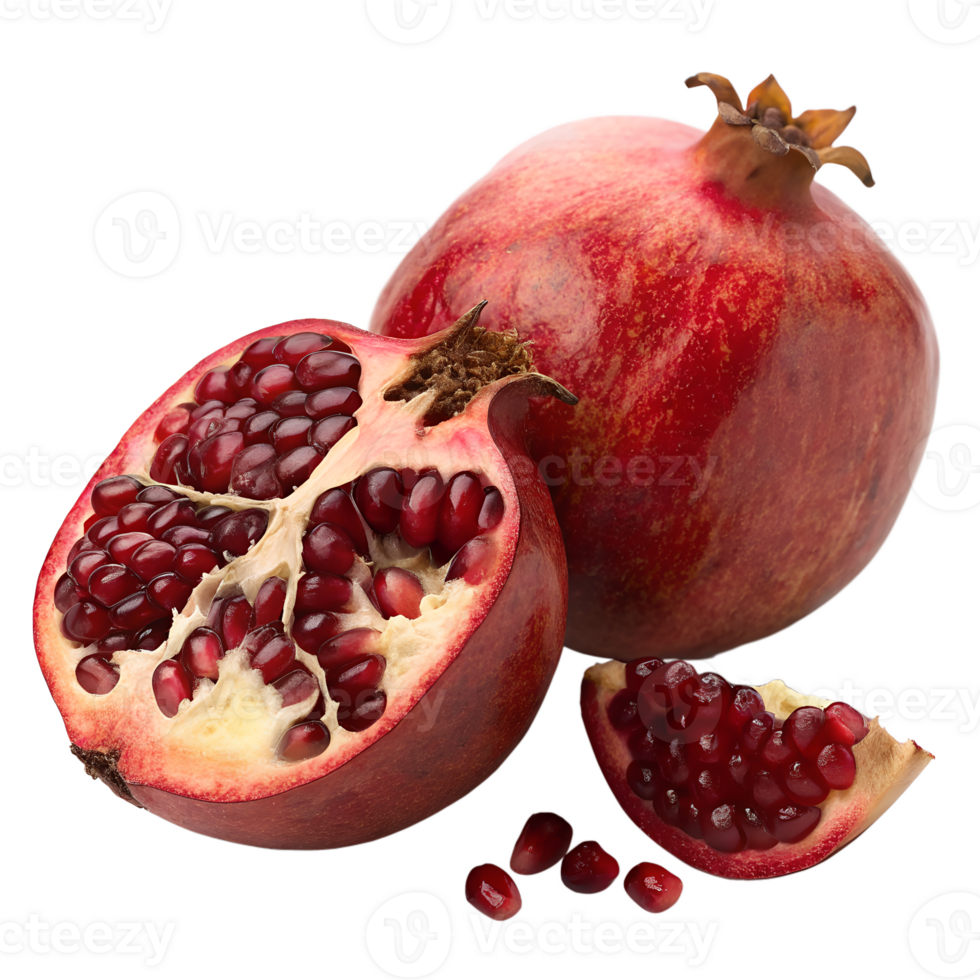 A whole round pomegranate with a deep red, glossy skin next to a halved one displaying the vibrant, juicy red seeds on the transparent background png