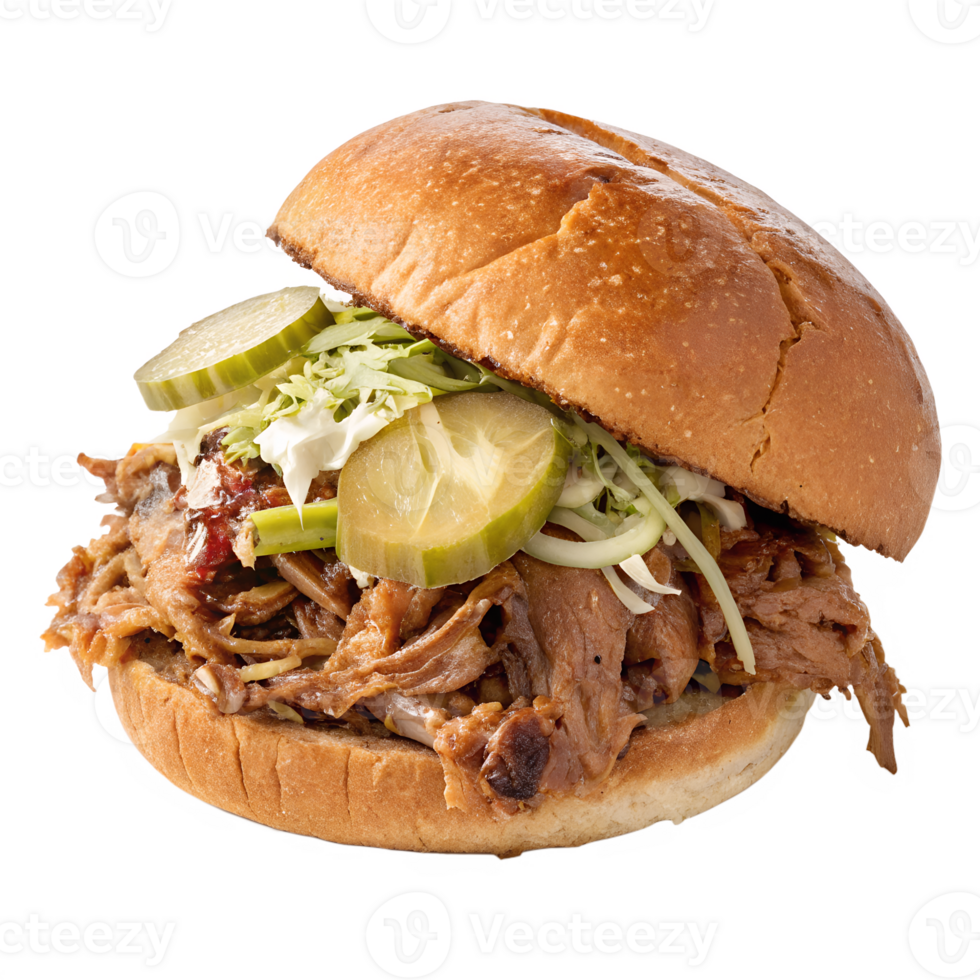 Loaded BBQ Pulled Pork Sandwich A sandwich filled with BBQ pulled pork, coleslaw, and pickles, isolated on a transparent background png