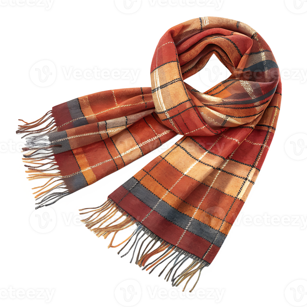 A warm scarf with a plaid pattern lying flat. isolated on a transparent background png