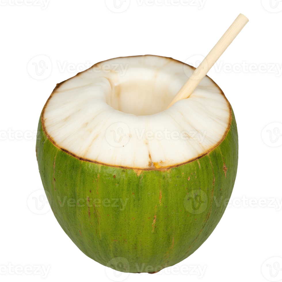A green coconut with a straw on a transparent background png