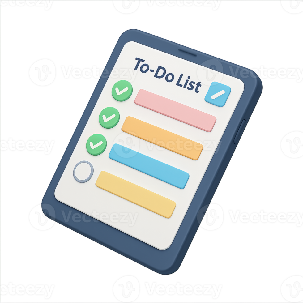 3D Isometric to-do list app interface on a floating tablet png