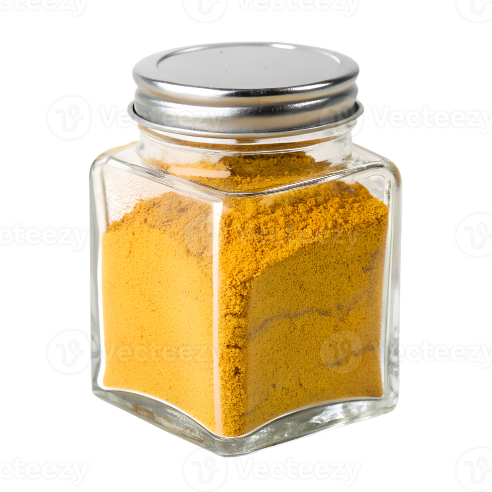 A transparent glass spice jar with a metal lid, filled with yellow curry powder, isolated on the transparent background png