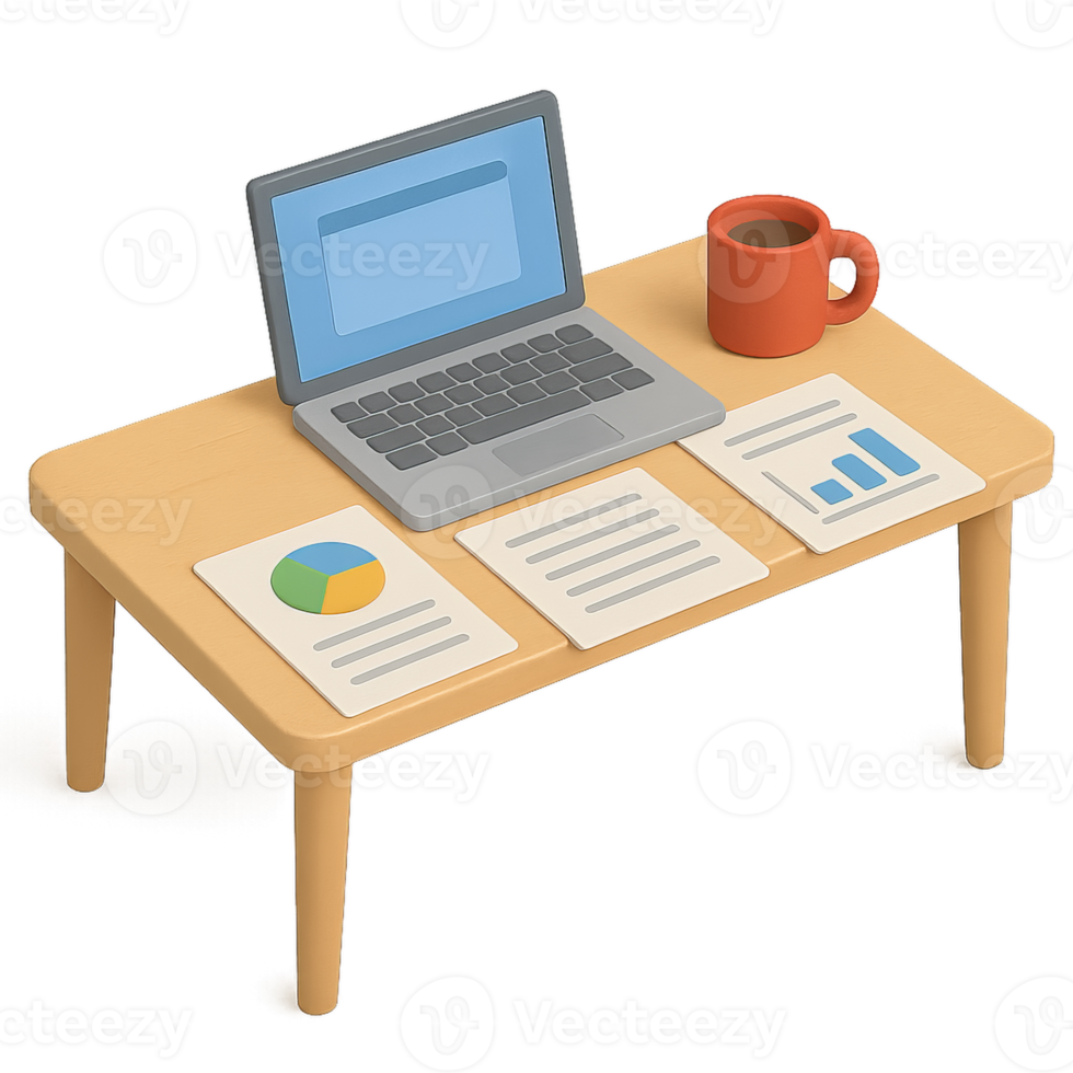 3D Isometric office desk with a laptop, coffee mug, and documents png