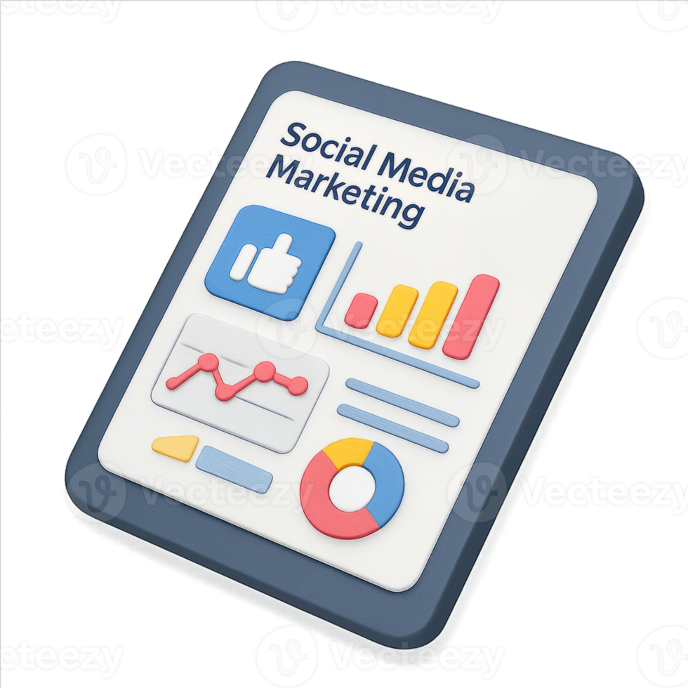 3D isometric social media marketing dashboard on a tablet png