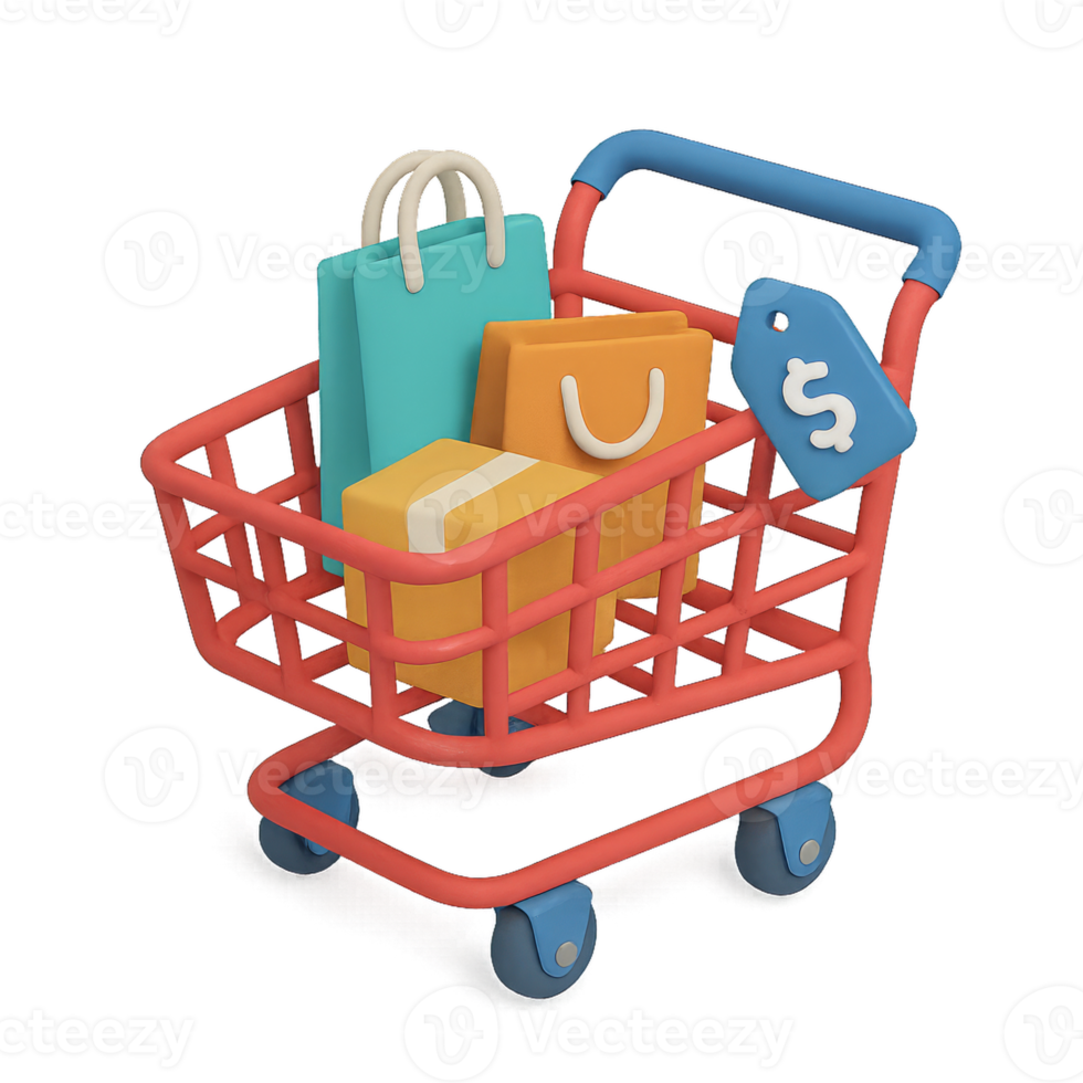 3D Isometric online shopping cart with products inside png