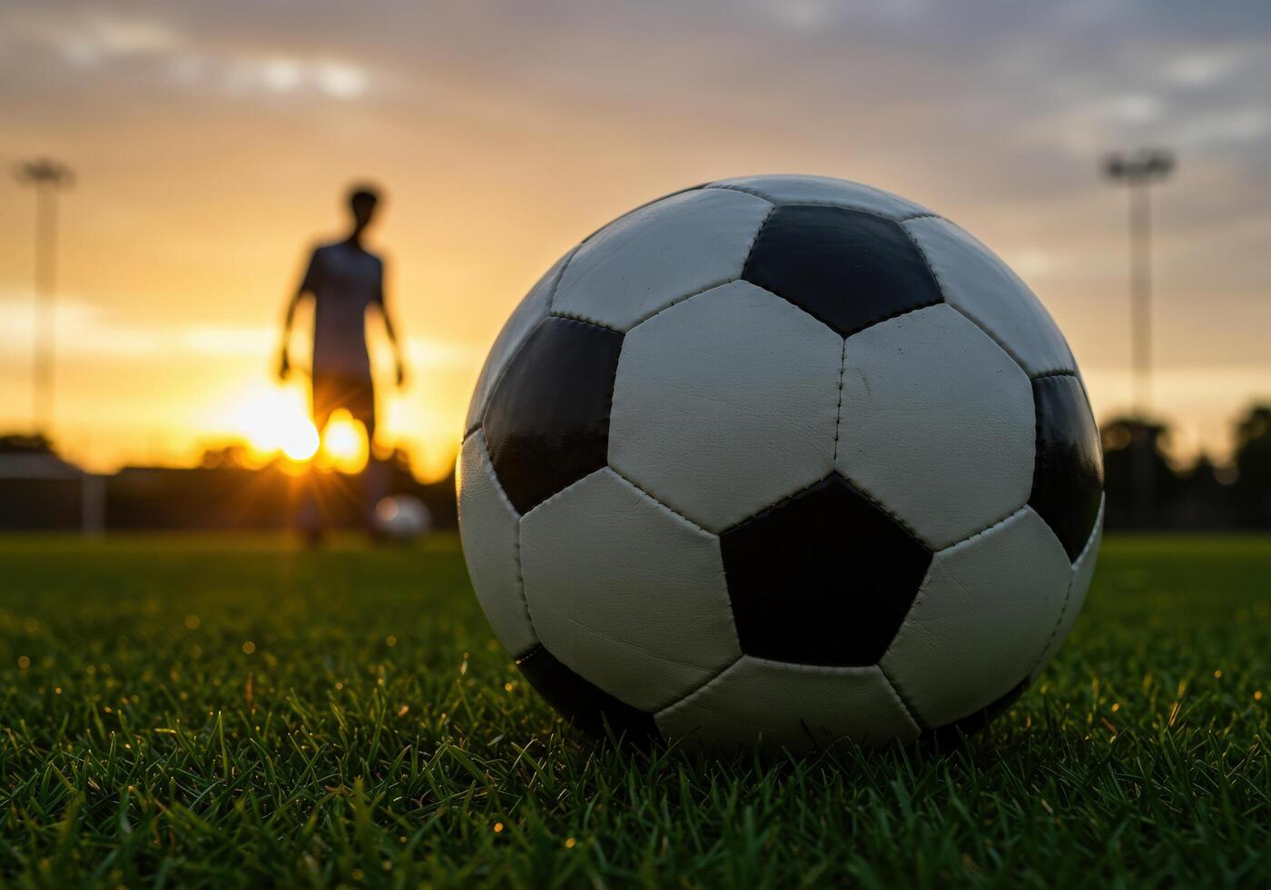 A soccer ball sits on the grass in front of a person photo