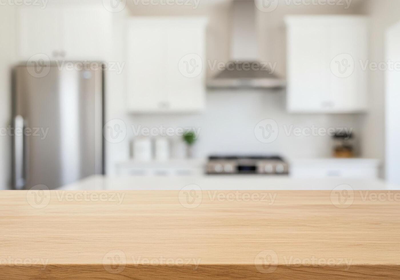 Empty wooden table in kitchen with blurred background photo