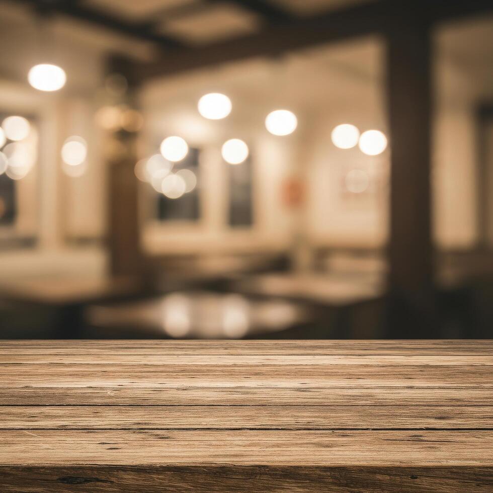 Empty wooden table top on a blurry restaurant background photo