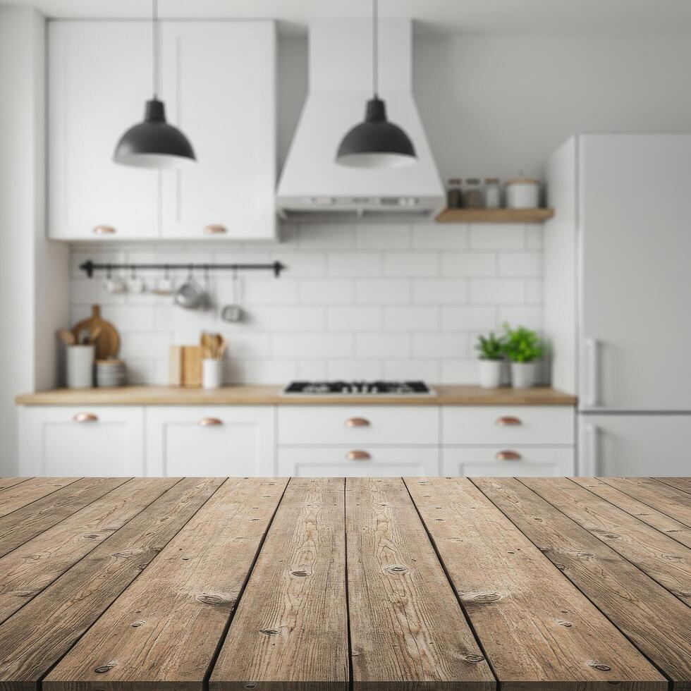 Wooden table in kitchen with white cabinets and white appliances photo