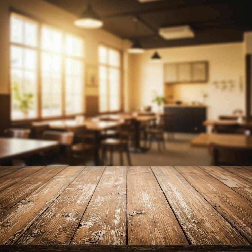 Empty table in restaurant with wooden table and chairs photo